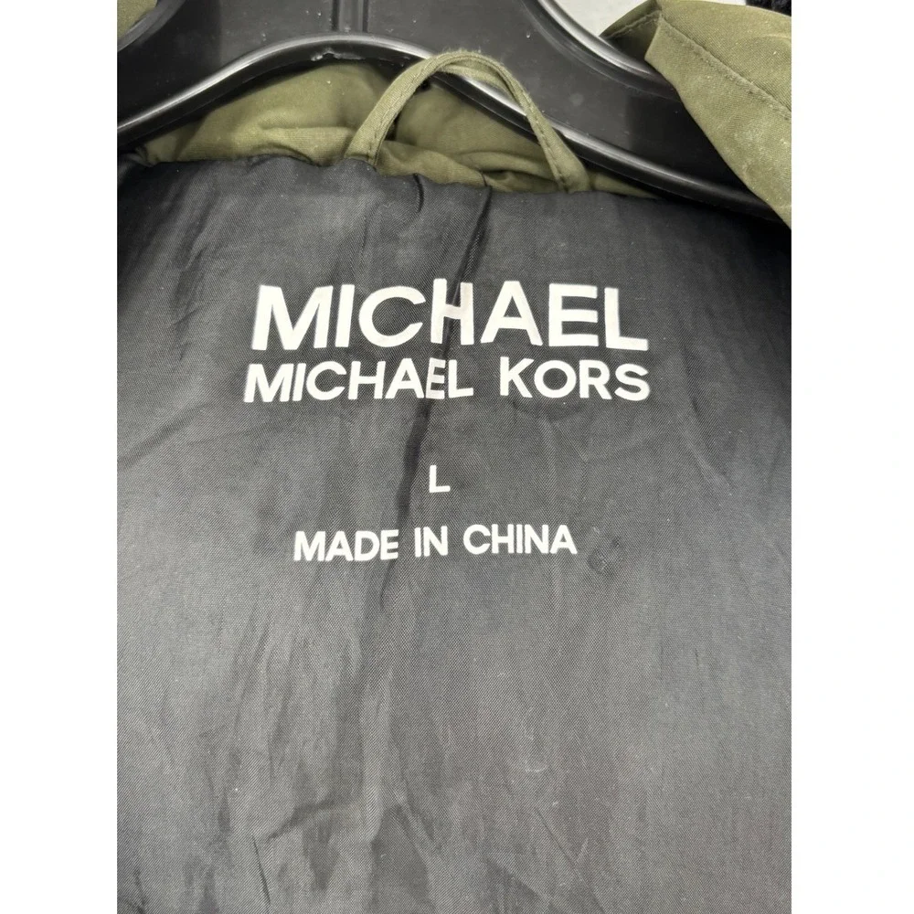 Michael Kors Puffer Parka Women Large Olive Green Belted Faux Fur Hood